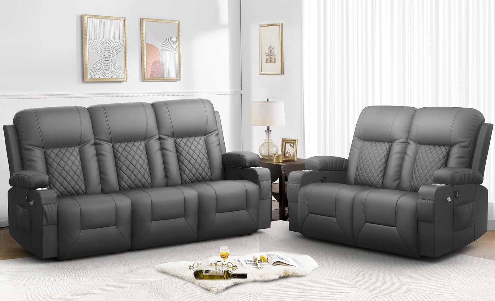 FURNIMAT Oversized Recliner Sofa Set with 2+3 Pieces in Living Room, PU Leather Loveseat Recliner Couch, Modern 3 Seats Dual Reclining Sofa with Cup