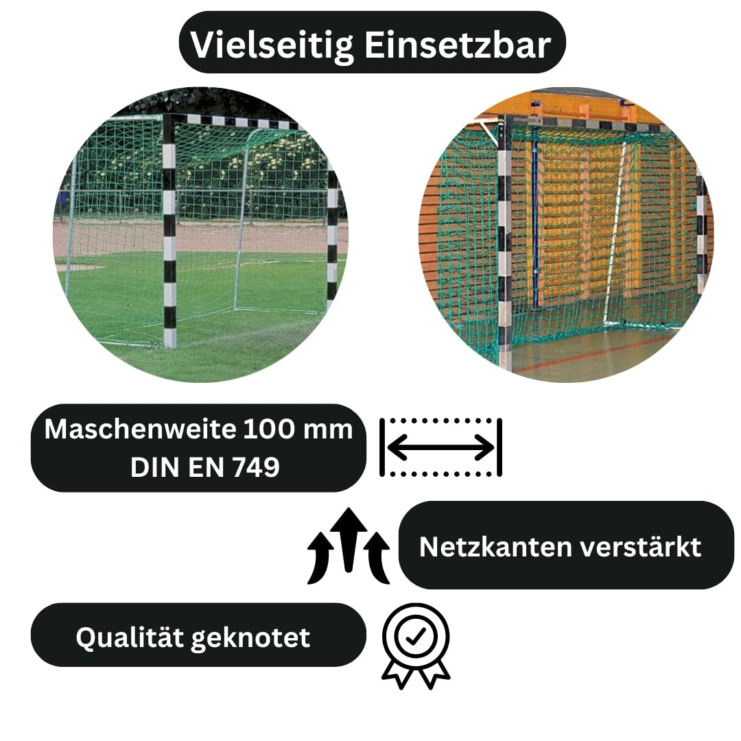 Handballtornetz Handball Fußball Kleinfeld Tornetz 3,10 x 2,10 m Tiefe Oben 0,80 / unten 1,00 m, PE 3 mm ø, Grün Geknotet