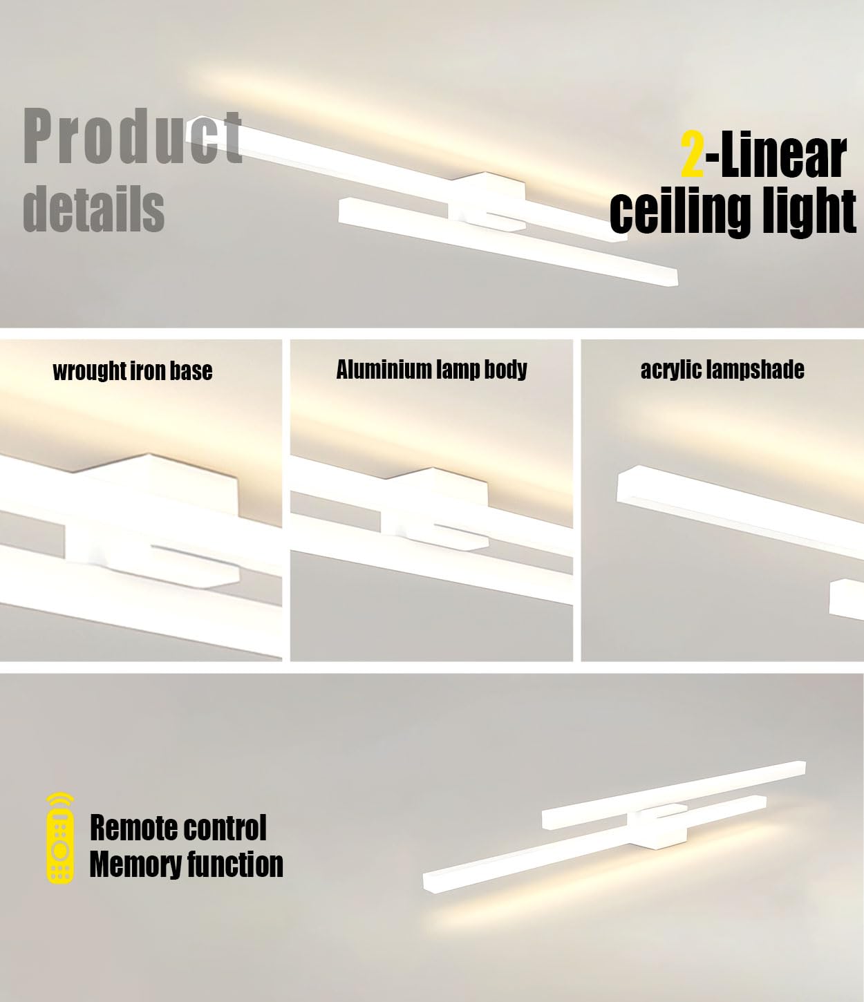 Nowoczesne liniowe lampy sufitowe LED, oświetlenie korytarza z funkcją ściemniania, czarne oprawy oświetleniowe do montażu wpuszczanego z pilotem, biały żyrandol sufitowy do sypialni (Biały, 2 głowy)