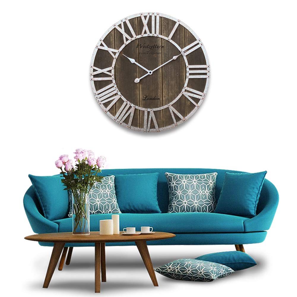 Westzytturm 18 inch Rustic Farmhouse Wood Wall Clock Silent Battery Operated Large Decorative Roman Numeral, Wall Clocks for Living Room Decor,Home,Kitchen,Office,Garden(Silver)