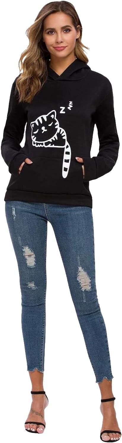 Women Teen Girls Hoodie Sweatshirt With Cute Cat Ear and Sleeping Cat Printed Pullover - Image 4