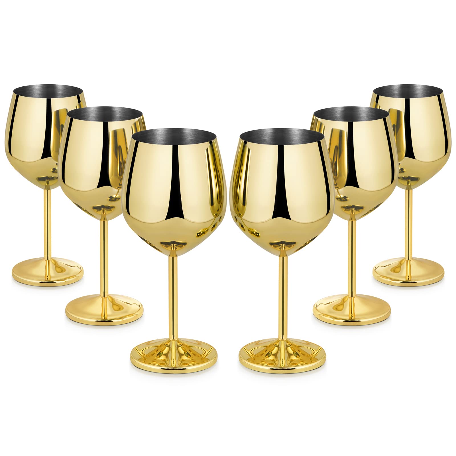 Lifecapido Stainless Steel Wine Glasses Set of 6, 18oz Stainless Steel Wine Goblets, Stemmed Metal Wine Glasses with Cup Brush for Party Office Wedding Anniversary, Great for Red White Wine (Gold)