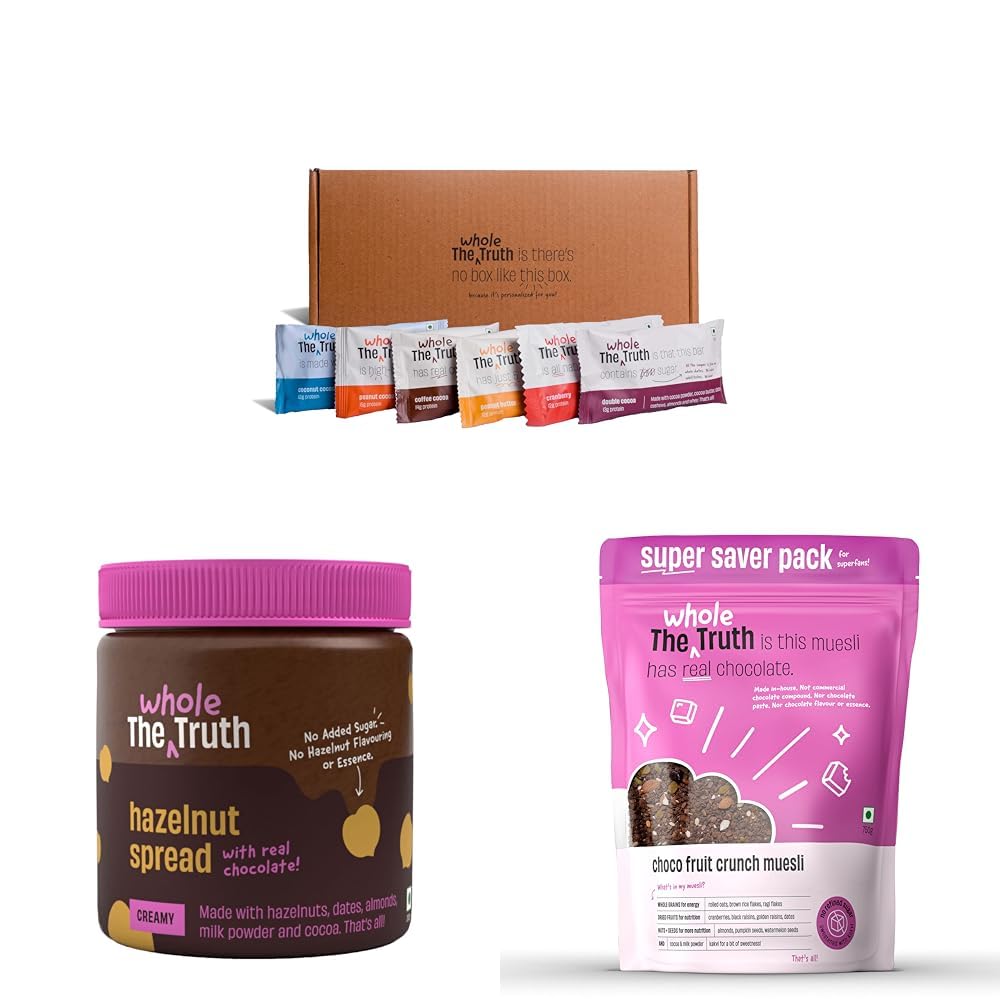 The Whole Truth - Protein Bars, Pack of 12 & The Whole Truth - Hazelnut Spread - Creamy - 200g & The Whole Truth Foods - Choco Fruit Crunch - 750g