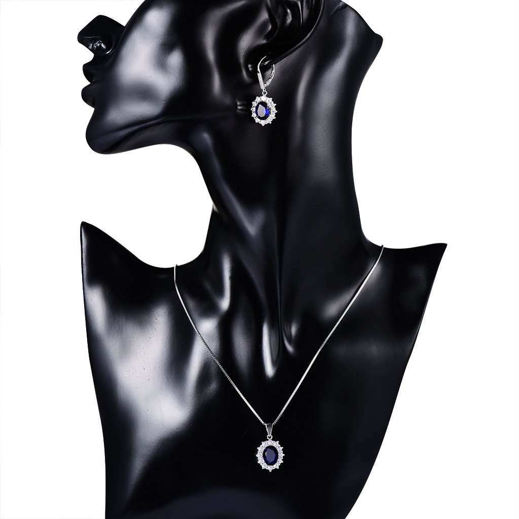 MASOP Silber Damen Schmuck Set, 925 Sterling Silber Saphir Schmuckset, Silber Blau Halskette und Ohrringe Set, Oval Anhänger mit 45 cm Damen Halskette & Ohrhänger, Prinzessin Diana Luxus Schmuck