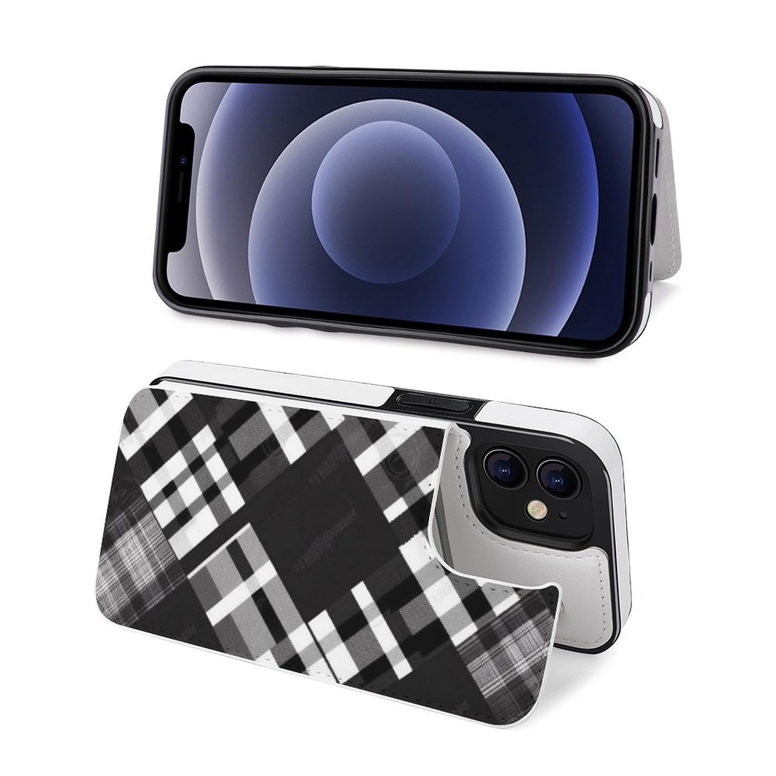 Fundas tipo cartera para iPhone 12 Mini, estampado a cuadros en blanco y negro, funda de piel con ranuras para tarjetas