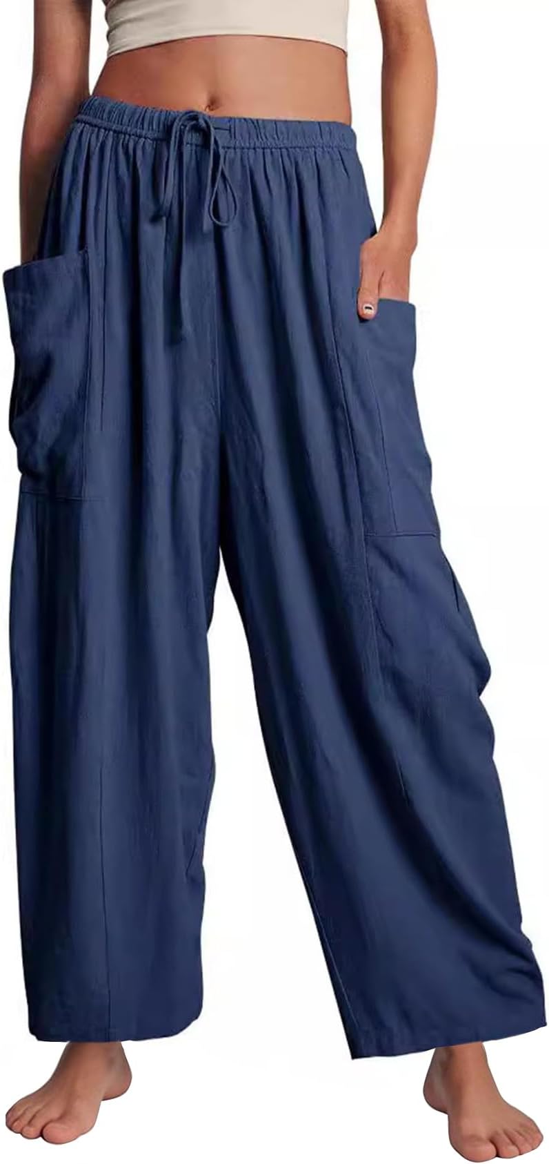 Women Wide Leg Pants Summer Beach Flowy Palazzo Trousers High Waisted Drawstring Casual Loose Harem Pants with Pockets