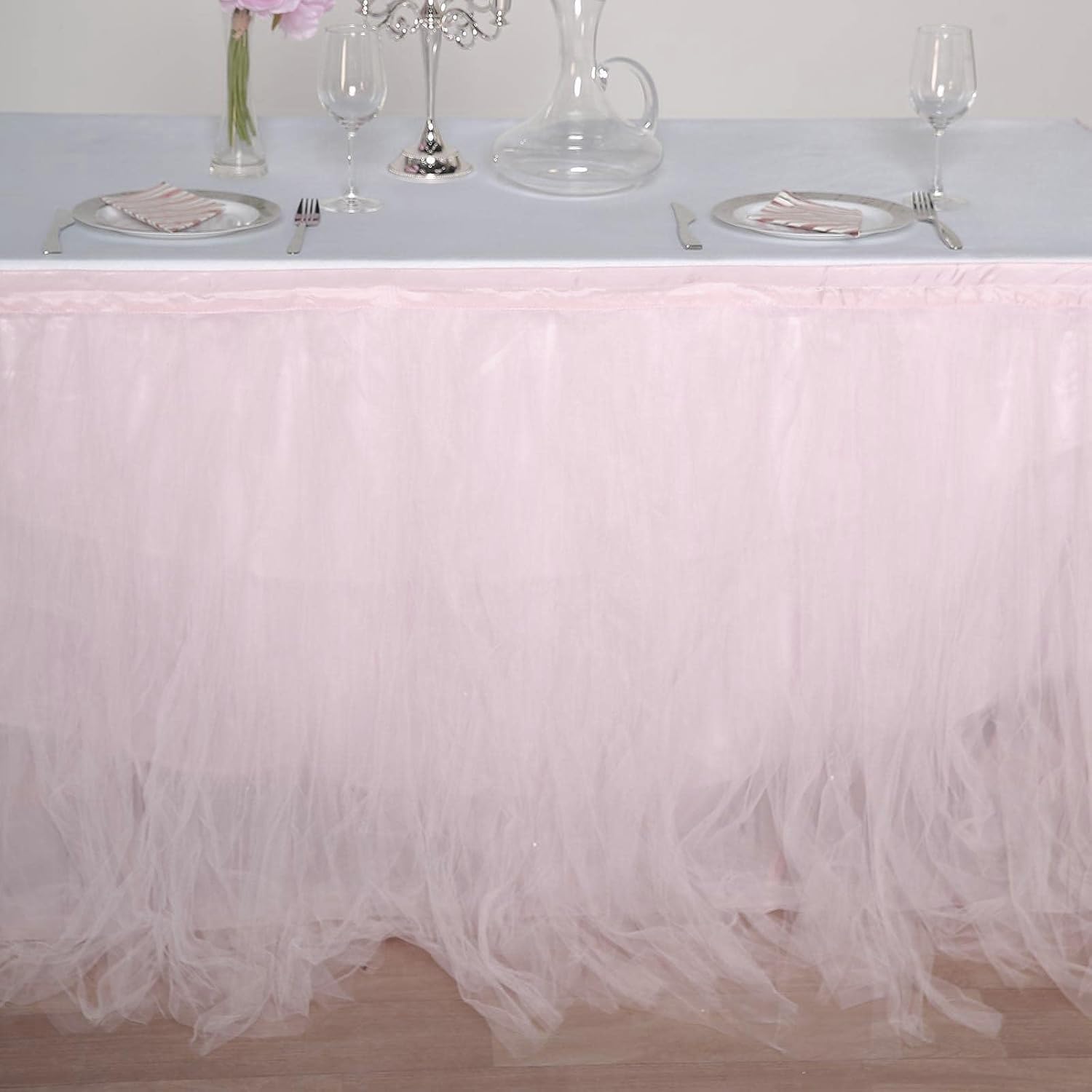 Efavormart 21ft Full Size 4 Layer Fluffy Tulle - Tutu Table Skirt for Dining Catering Wedding Birthday Party Events - Blush