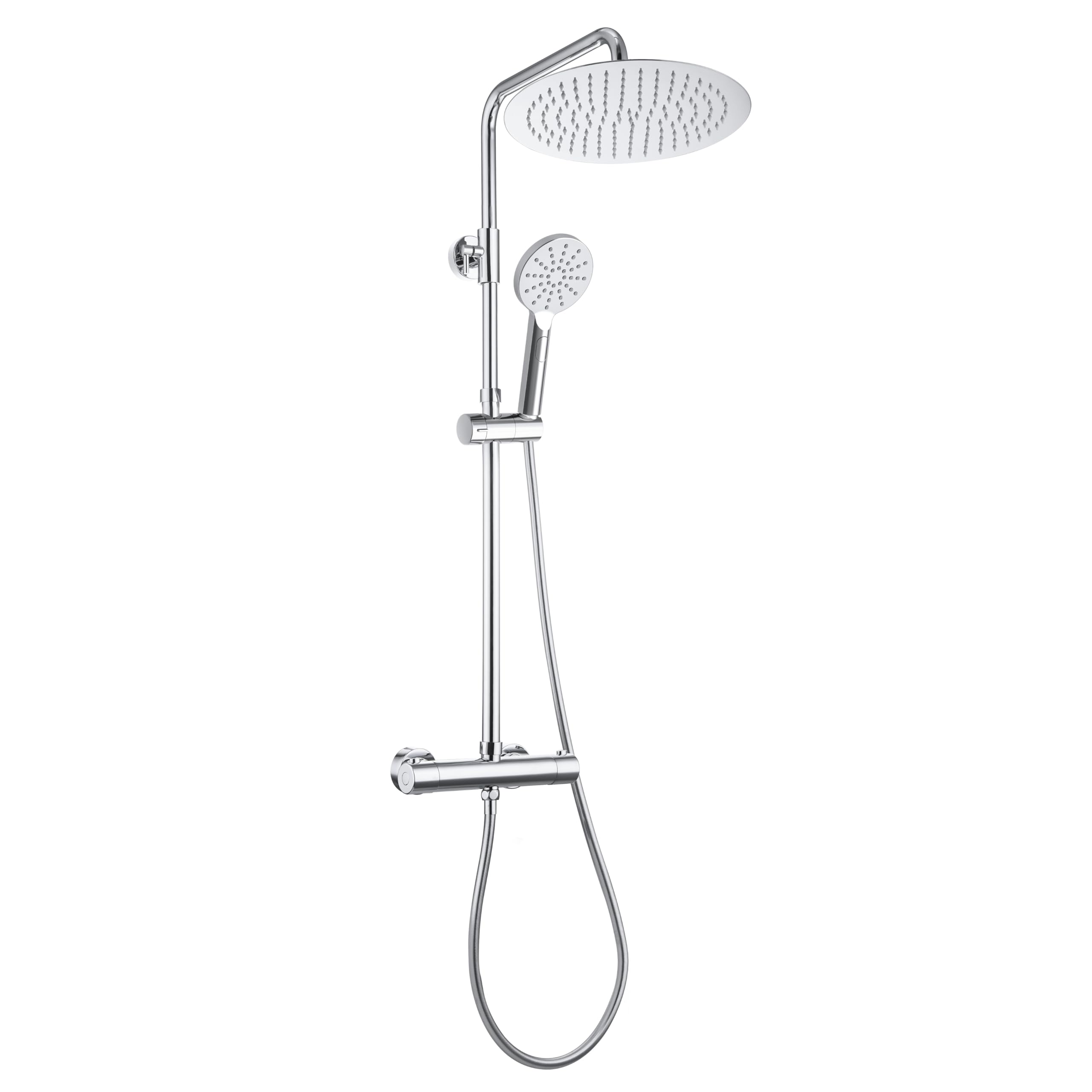 Görbach Shower System Shower Mixer Set in SUS304 with Bathroom Thermostatic Valve Anti Scald 38℃ Shower Bracket Adjustable Height and Overhead Rainfall Shower Angle Adjustable Chrome D30cm.