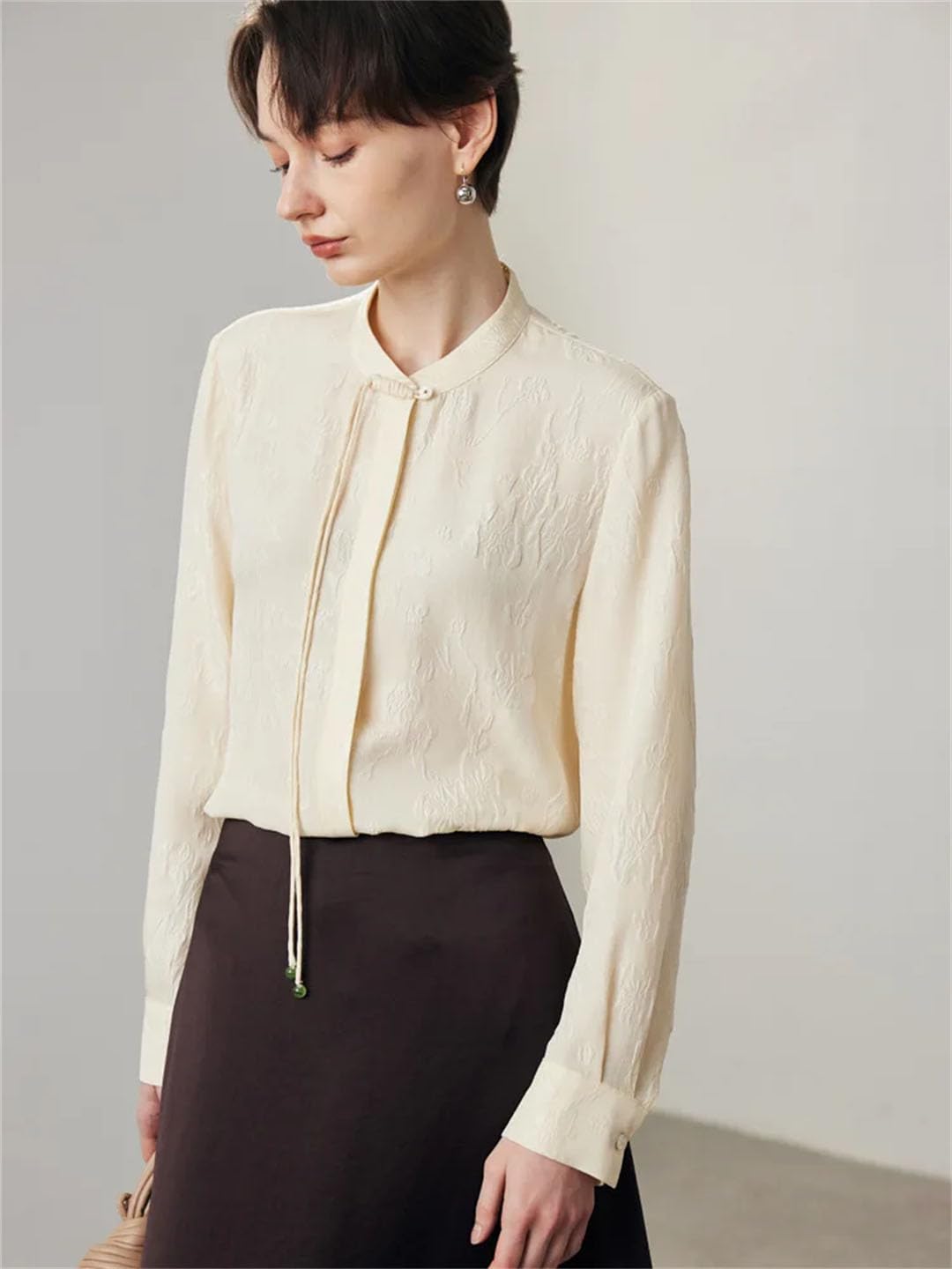 Blusas lisas para mujer, jacquard, 100 % seda, cuello alto, estilo vintage, elegante