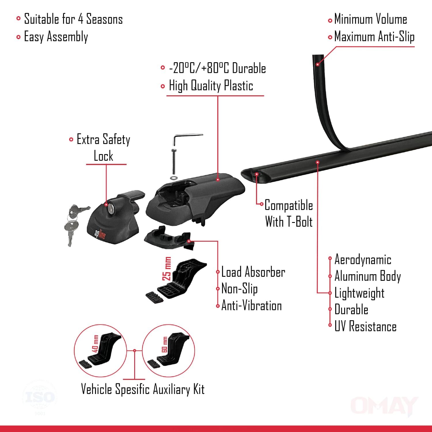 RE&AR Tuning Compatible With Fiat Panda 3 (319) 2012-2024 ACE-2 Cross Bar Car Top Luggage Carrier Rails Roof Racks Black Aluminium 2 Bars - View #6