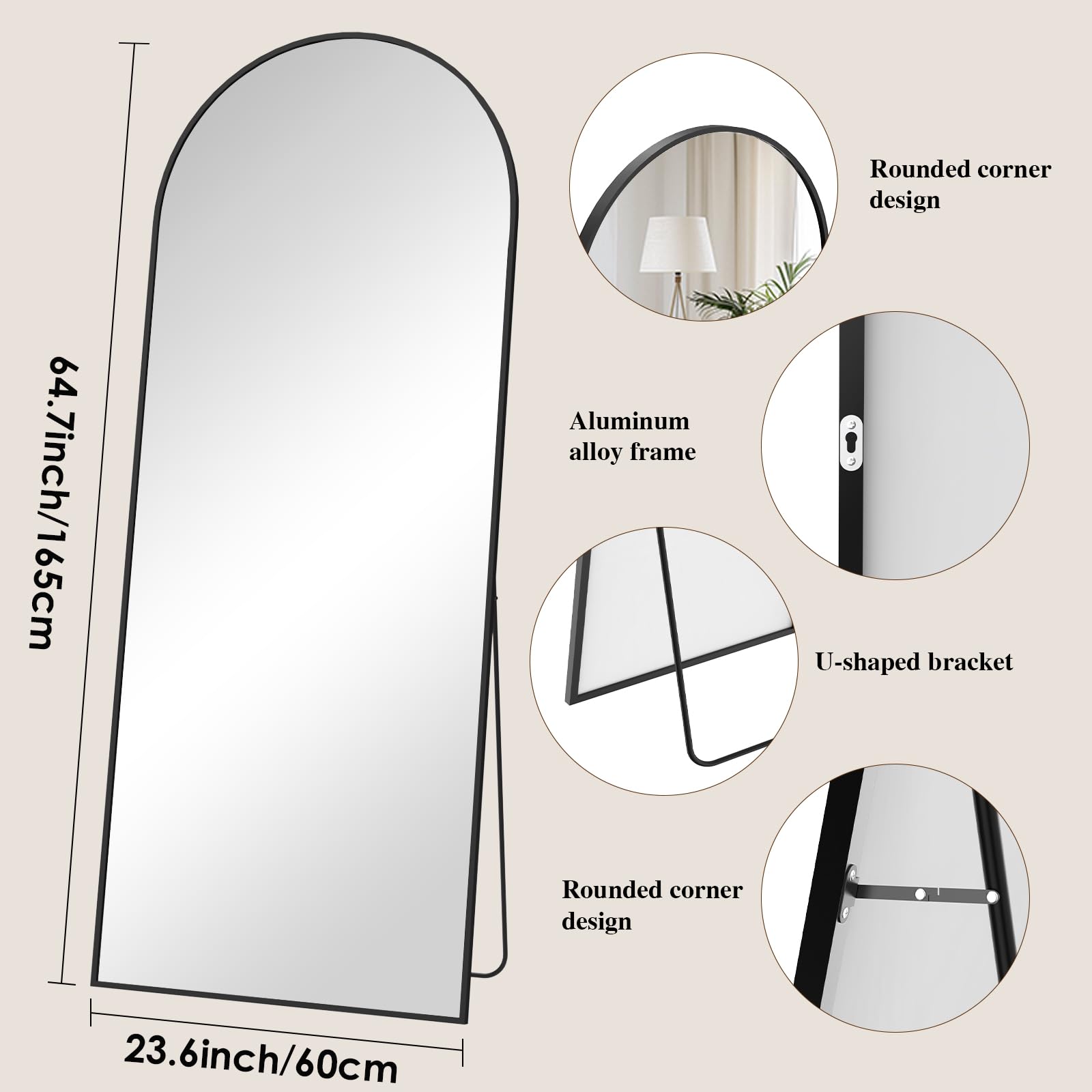 Ganzkörperspiegel 165x60CM Standspiegel mit Aluminiumrahmen, Wandspiegel Groß Schwarz, HD-Glas Bruchsicher, Spiegel Ganzkörper für Schlafzimmer Ankleidezimmer Wohnzimmer