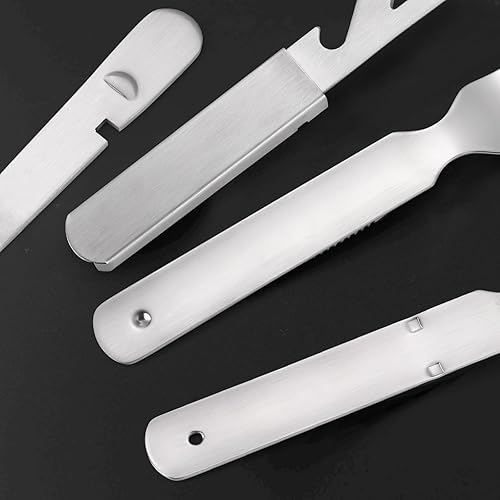 Miniatura 5 de Cubiertos portátiles plateados para acampar de acero inoxidable al aire libre, juego de vajilla portátil de viaje, cuchillo tenedor, cuchara,