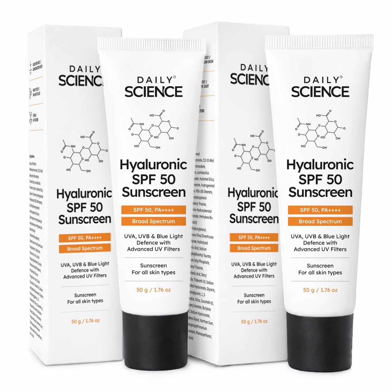 Hyaluronic SPF 50 Sunscreen with Advanced UV Filters | Broad Spectrum Sun, UVA, UVB, Blue Light Protection, SPF 50 & PA++++, 50 g (Pack of 2)-image-29