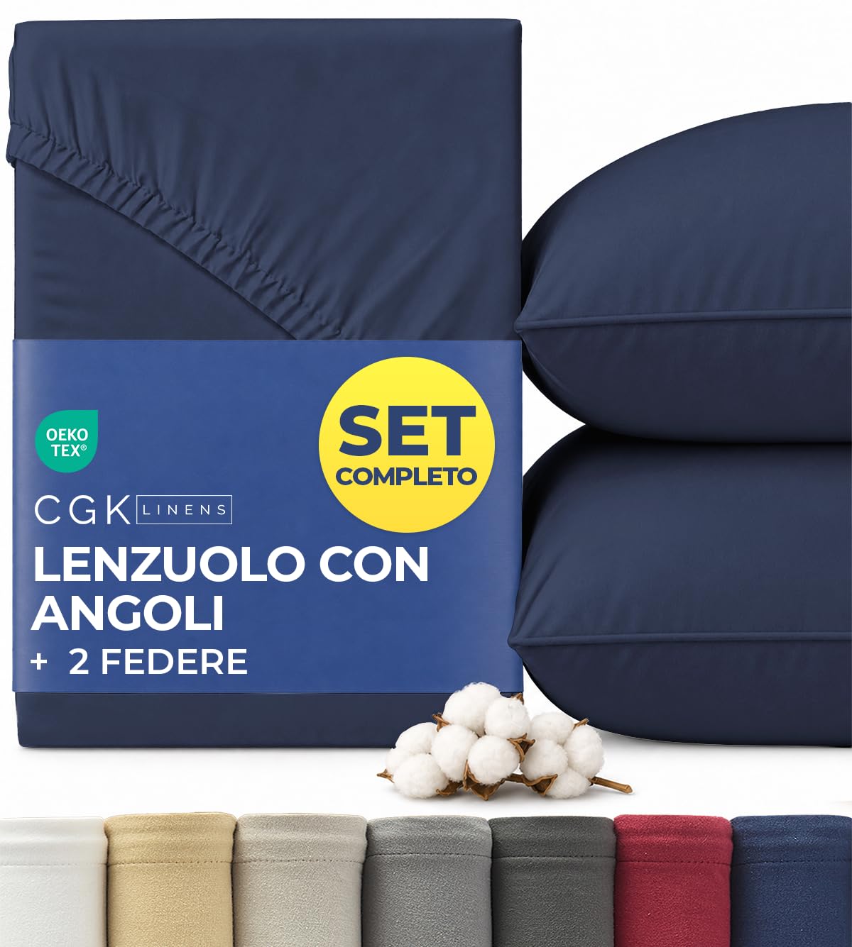 Lenzuolo con Angoli Jersey Cotone 180x200cm Blu Navy + 2 Federe 80x80cm - Pacco da 3-100% Cotone - Altezza 40cm / 16" - Morbido, Antipiega & Ipoallergenico - Certificato OEKO-TEX Standard 100