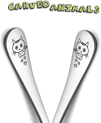 Miniatura 3 de TeamFar Cucharas para niños pequeños, juego de cucharas de acero inoxidable para niños pequeños, no tóxicas y saludables, lindos animales y estuche