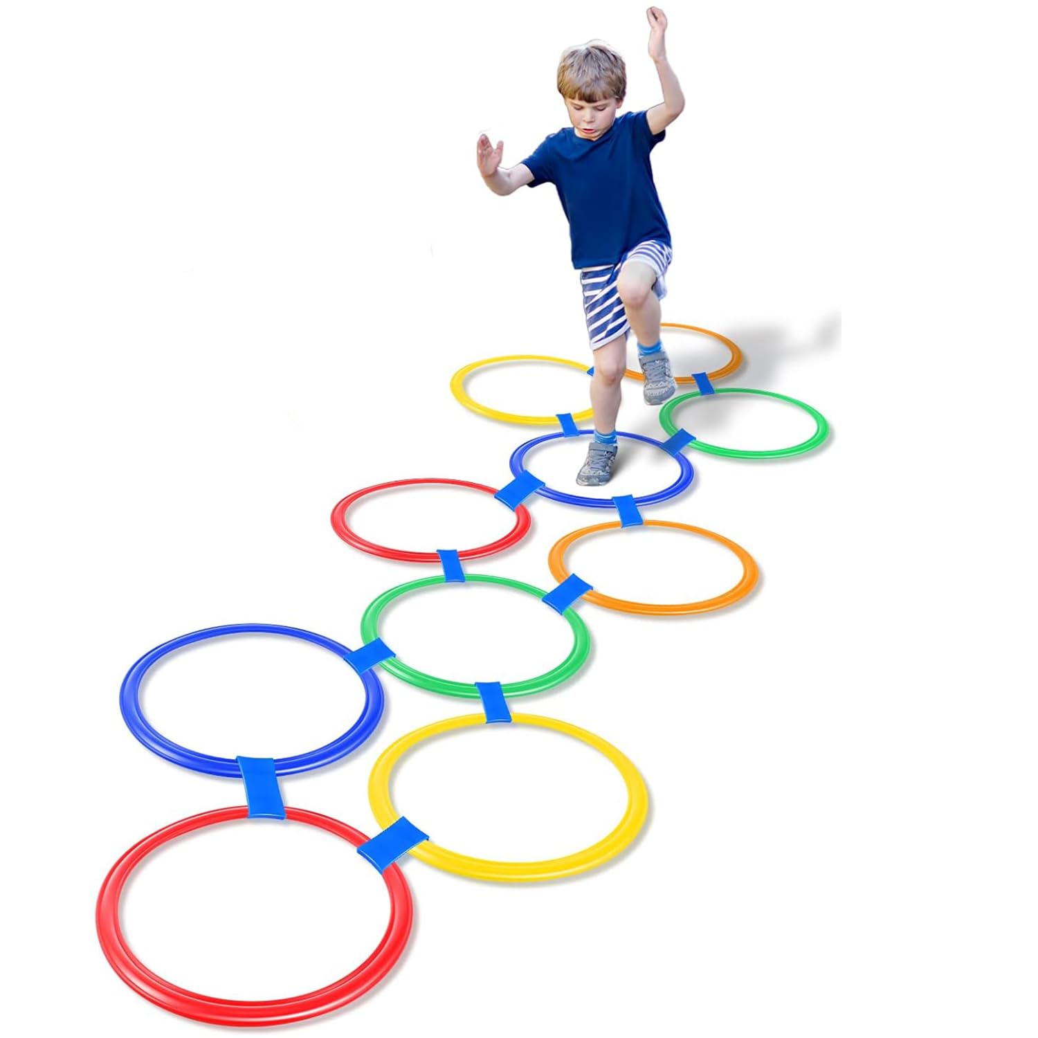 JoyzzzOutdoor Games for Kids, 10 Multi-Colored Plastic Rings and 15 Connectors Hopscotch Ring Game, Obstacle Course for Kids, Fun Creative Play Set for Indoor or Outdoor Use for Girls and Boys