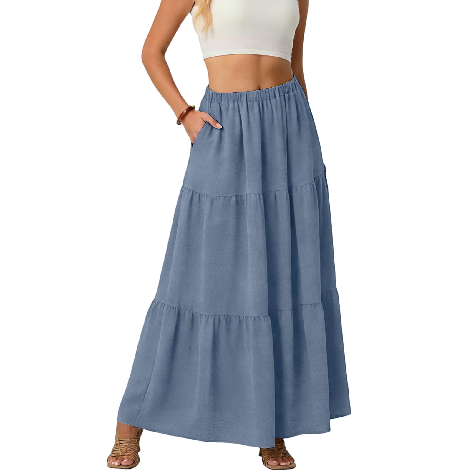 Tiered Maxi Skirts for Women High Waisted Ladies Beach Long Skirt with Pockets Casual Skirt Summer Outfits