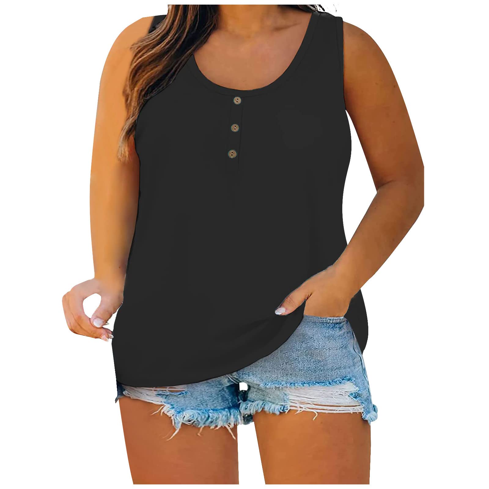 HAOLEI Basica Tallas Grandes Chaleco Mujer,Camiseta Tirantes Mujer de Cuello en Redondo con Botóns Color Puros Camiseta Mujer de Sin Manga en Multicolor Casual Sleeveless T-Shirt para Verano