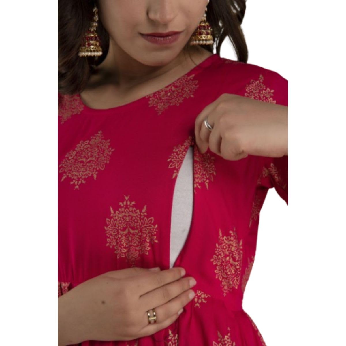 Women's Maternity Gold Printed Dress Dual Zipped for Feeding Nursing Maternity Comfort Dress Kurti-image-34
