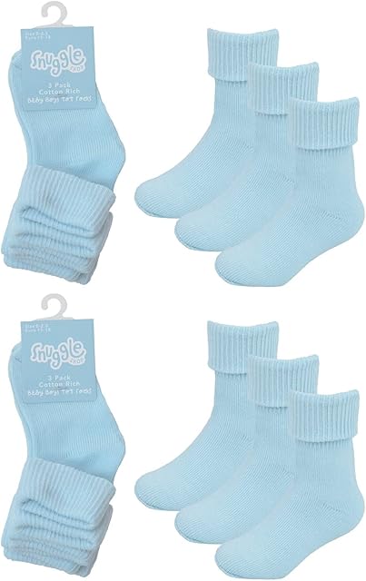 Baby Tot Socks 6 Pairs Cotton Rich Unisex Turnover Top/Cuff | Toddler, Infant, Newborn, 0-24 Month Olds | Plain Pink, Grey, White, Blue, Cream, Navy | Soft, Comfortable | Cozy, Warm, Winter