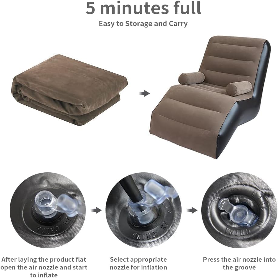 Image of Inflatable Recliner Deck Chair Sofa with 2-in-1 Electric Air Pump, Foldable Lounge Chair with Armrests, Flocked Air Sofa for Bedroom, Living Room, Gaming, Reading and Relaxation | Brown