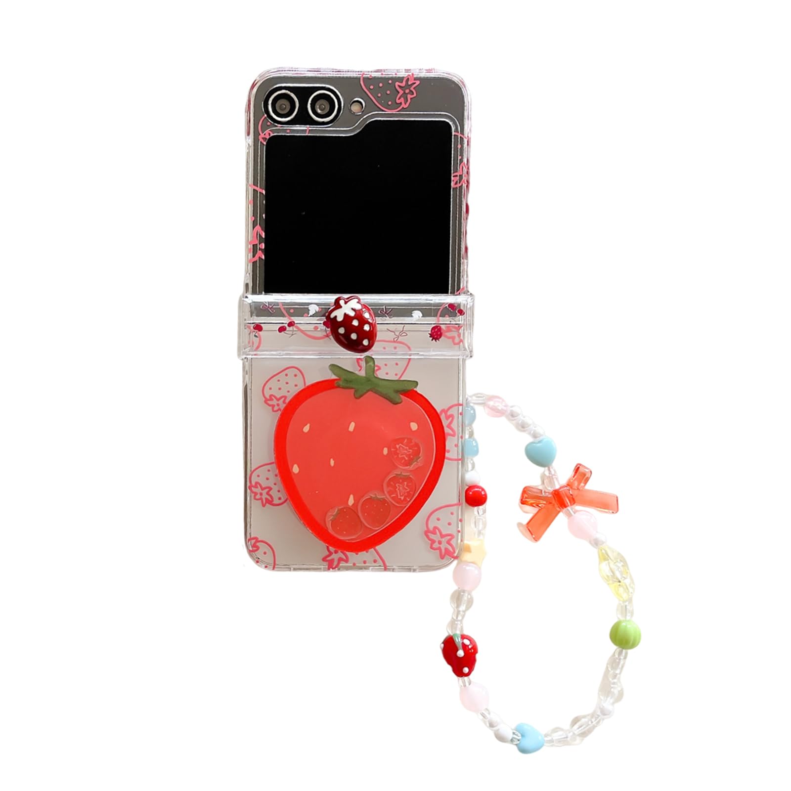 for Samsung Galaxy Z Flip 7 FE/Z Flip 6 Case Strawberry,Woman Girls Exquisite Cute Bow Pattern,Kawaii Clear Cherry Fold Phone Cover with Bracelet (A)