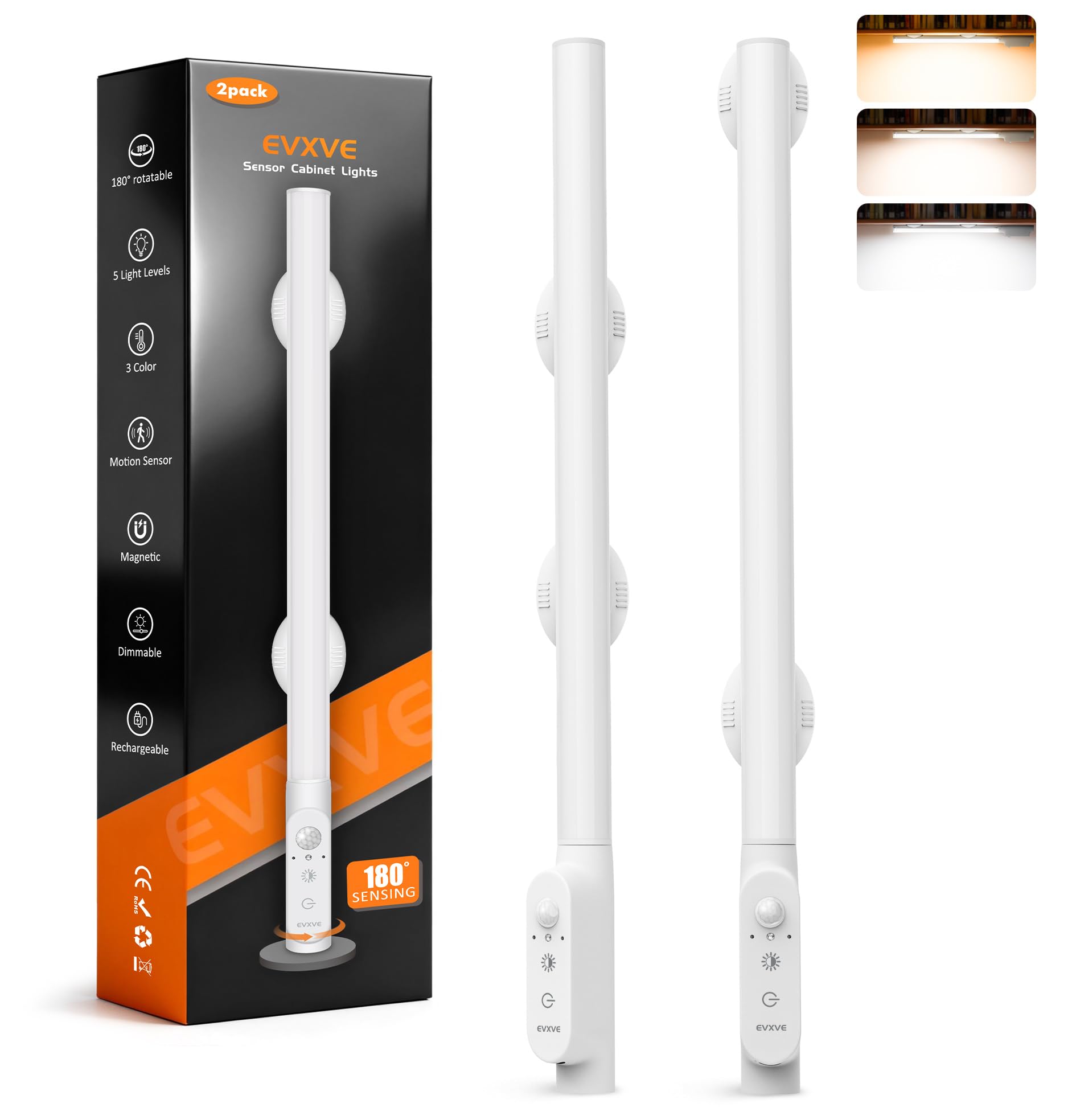 Photo 1 of **SENSORS NOT WORKING PROPERLY**EVXVE 15.4" Motion Sensor Closet Lights, 180° Rotatable Under Cabinet Lighting Wireless, 180 Lumens Rechargeable Magnetic Indoor Light Bar, 3 Colors Dimmable for Wardrobe, Kitchen, Pantry (2 Pack)