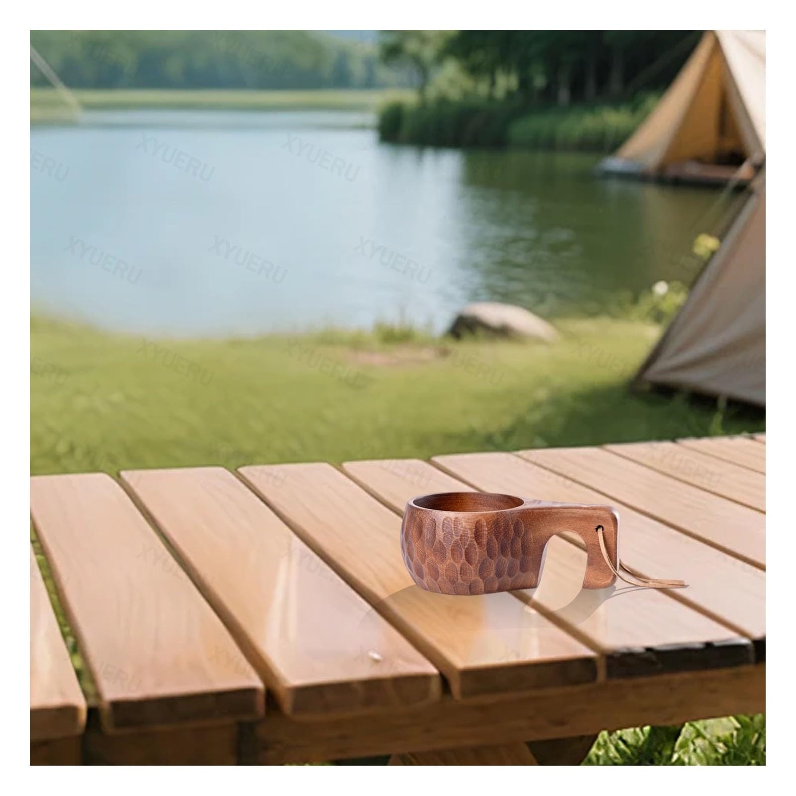 Taza de té de madera con asa, diseño nórdico tradicional, taza de camping hecha a mano con correa para el cuello para uso doméstico y exterior