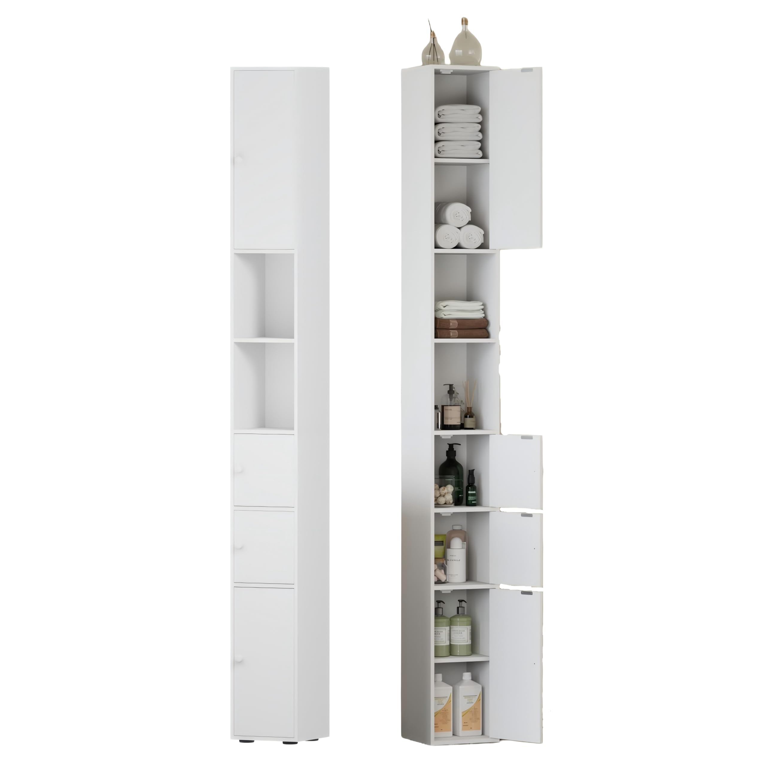 Homullel Tall Bathroom Cabinet, Freestanding Narrow Cupboard with 4 Doors & Open Compartments, Slim Tallboy Floor Storage Cabinet for Living Room Kitchen, 20x20x180cm, White