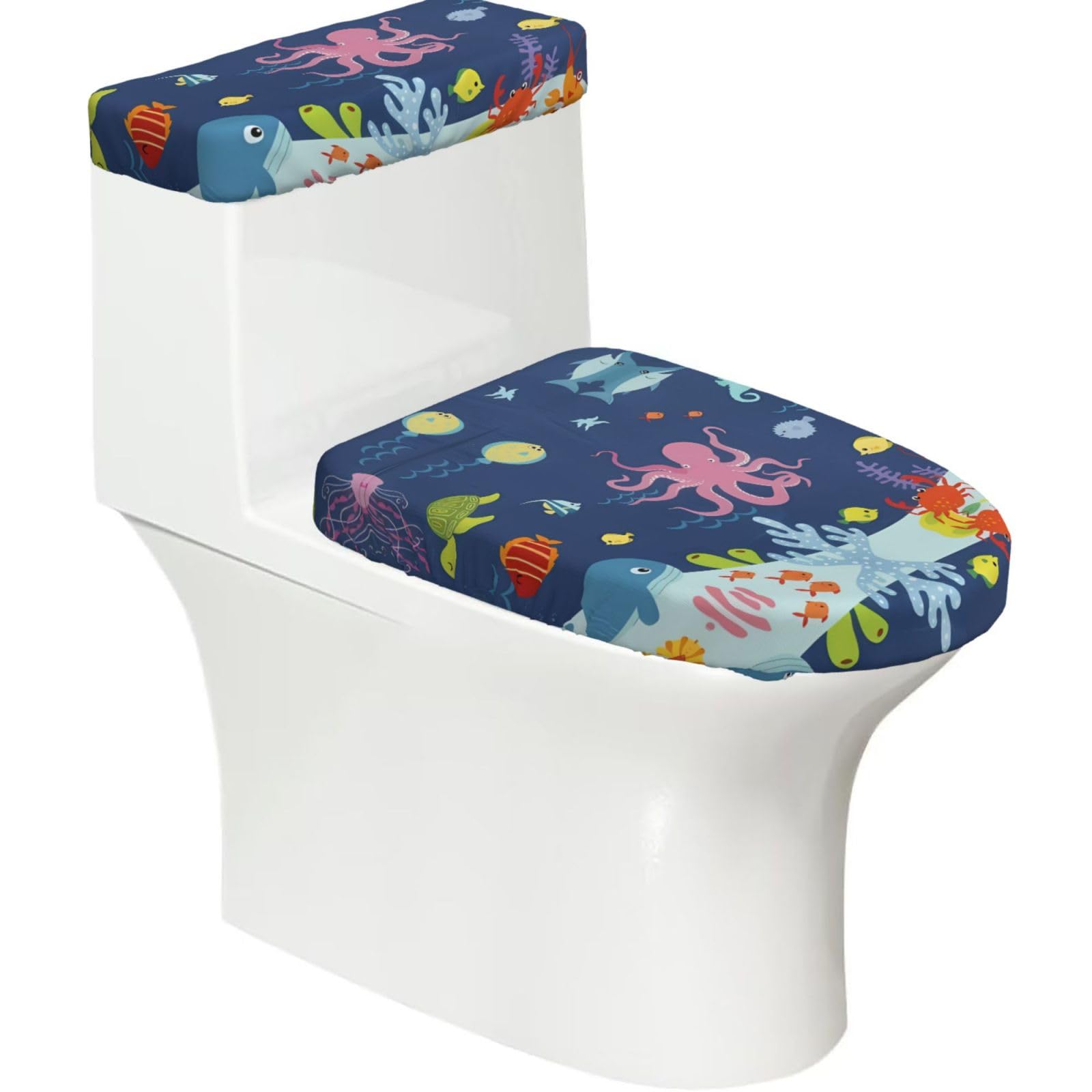 Mrowyc Black Cartoon Octopus Fish Printed Toilet Seat Set - Set Of 2 - Universal Toilet Seat Cover - Housewarming Birthday Christmas Gift