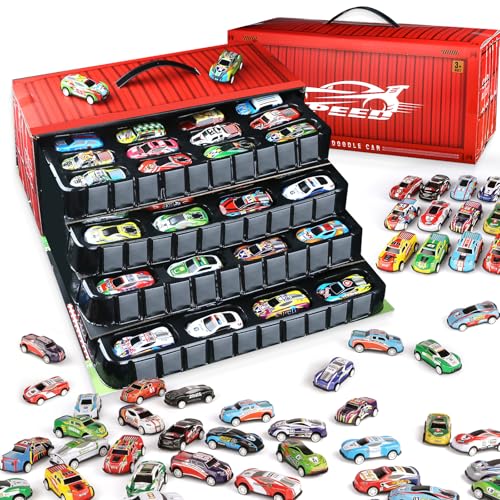 Varrotoy 48 Pièces Voitures Jouets à Tirer en Métal pour Enfants,Jouet Voiture de Course à Friction avec Cartes de Piste pour Garçons et Filles de 3 Ans...