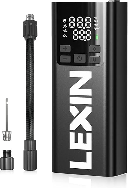 LEXIN P5 Tyre Inflator Portable, 150PSI Cordless Air Compressor, Multifunctional Electric Tire Pump 5000mAh Battery Rechargeable with Digital LED Light LCD Screen for Car, Bike, Motorcycle, Tire, Ball