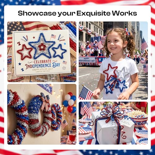 Image of Caydo 200 PCS Independence Day Pipe Cleaners for Patriotic Party Decoration, Red Royal Blue Silver Glitter Chenille Stems Bulk for 4th of July DIY Arts Crafts & Home Decorations