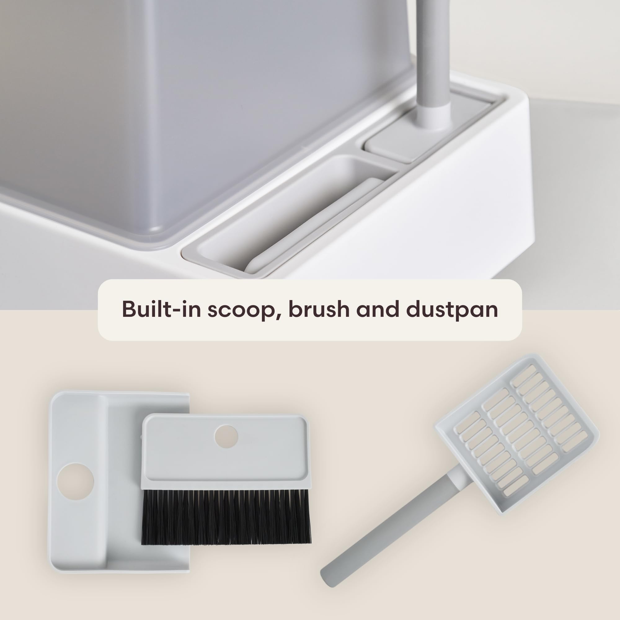 Modern Litter Box - Minimalist Designer Cat Litter Box - Cove Litter Box - Large Open Top - High Sided Walls - Tuft + Paw Anti-Stick Plastic. Includes Integrated Scoop, Dustpan, and Brush