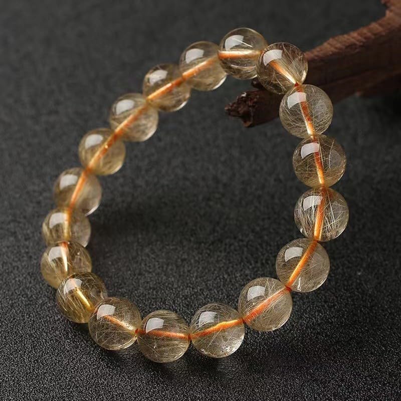 Bracelet en quartz rutile doré avec fil doré et perles d'espacement en bois de santal sur fil de nylon conçu pour les événements sociaux (9,5 à 10,5 mm)