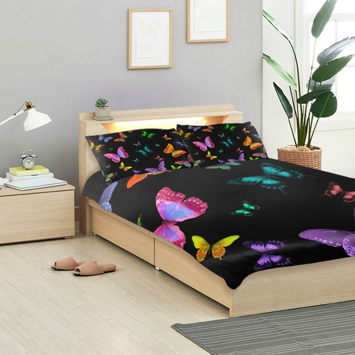 MONTOJ - Set di 3 federe con motivo a farfalle colorate, facili da montare, con 2 federe per adolescenti e decorazioni per camera da letto