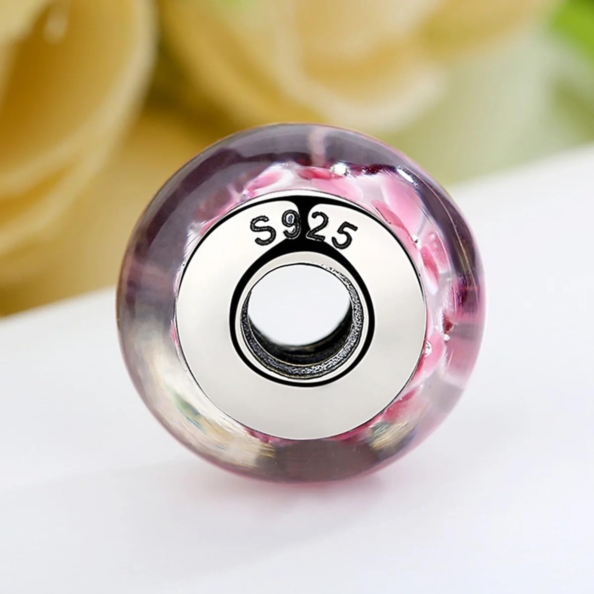 FLXHHX Ciondolo Floreale in Vetro di con Fiore Rosa, Autentico Argento Sterling 925, Compatibile con Bracciale
