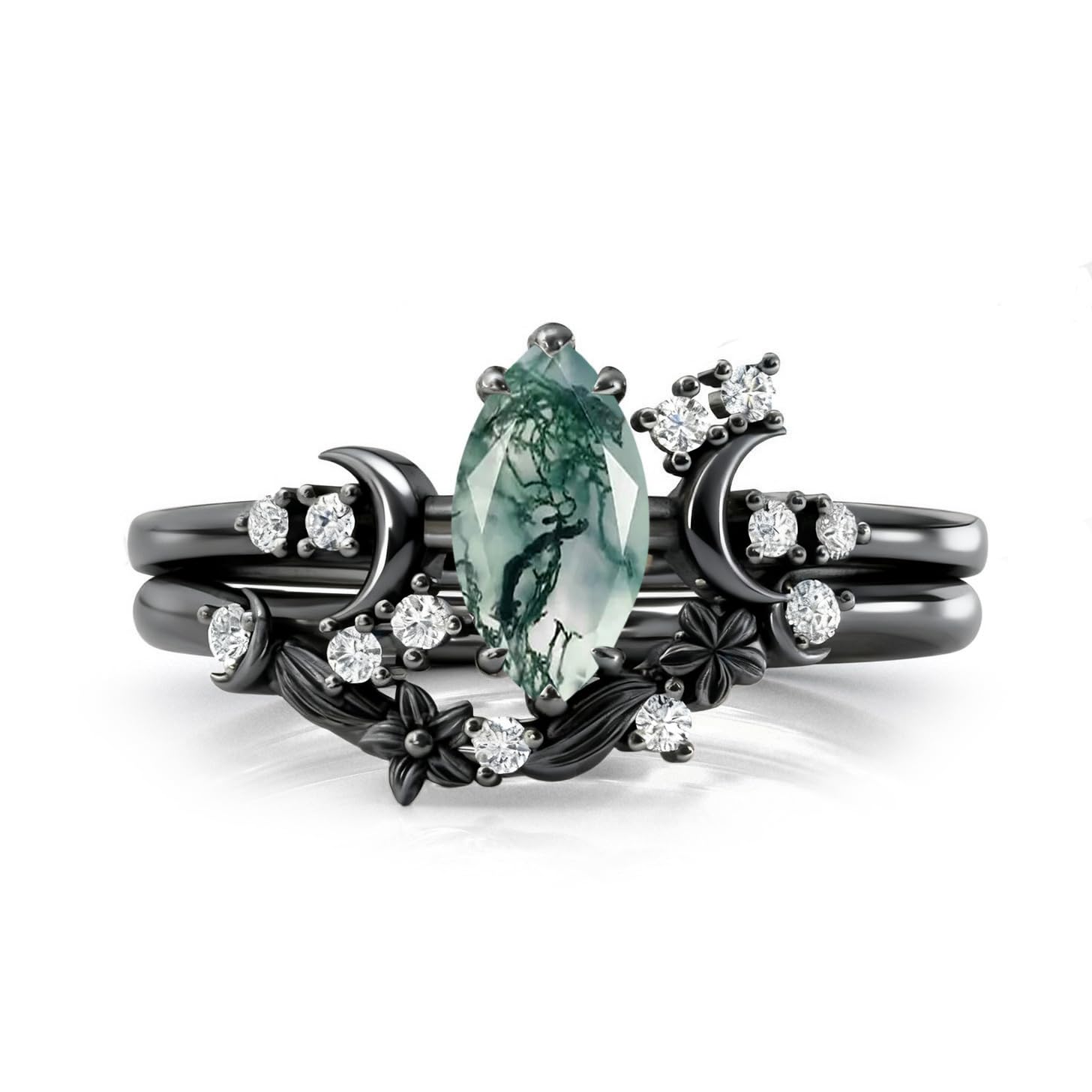 10K 14K 18K Black Gold Marquise Gemstone Engagement Ring Set for Women 925 Sterling Silver Gemstone Triple Moon Goddess Art Deco Bridal Wedding Ring Set (Size 4-15)