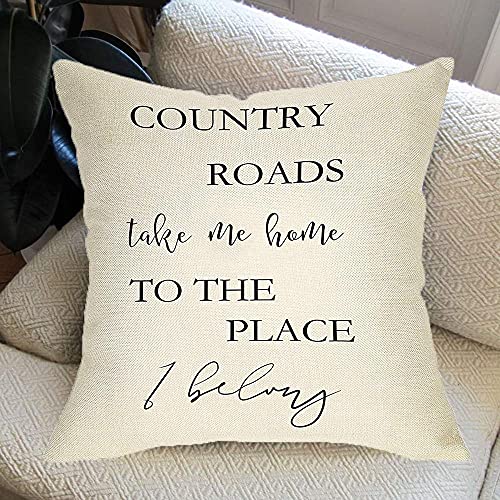 Image of Country Roads Take Me Home Sign Decorative Throw Pillow Cover, Vintage Quote Rustic Home Farmhouse Decorations, Seasonal Housewarming Gift Cushion Case for Sofa Couch Decor Cotton Linen 18 x 18