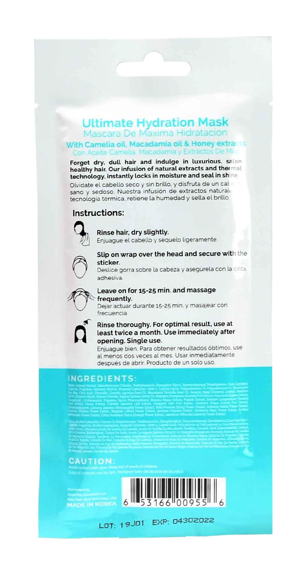 Good Day Hair Mask For Damaged Hair/Thermal Treatment Wrap/Camellia, Macadamia And Honey/Single Sheet 1.23 Oz.