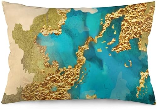 Miniatura 4 de HOSTECCO Juego de 4 fundas de almohada lumbar de 12 x 20 pulgadas, color verde azulado y dorado, fundas modernas abstractas de arte contemporáneo