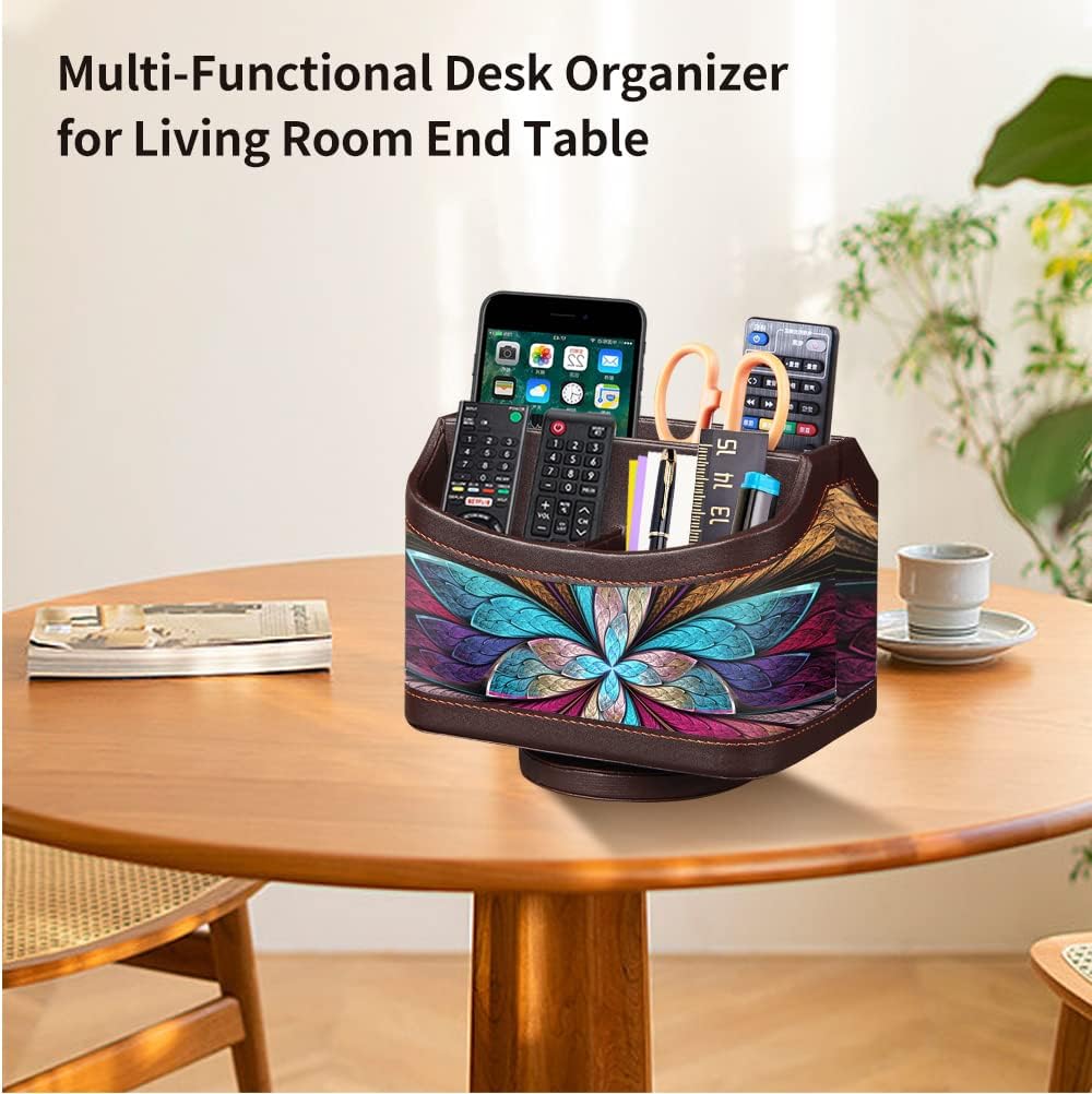 PUSU 360°Rotatable Remote Control Holder, PU Leather TV Remote Holder Caddy for Table, Bright and Colorful Art Supply Organizer Pen Holder, Multi-Functional Desk Organizer Living Room Office Decor
