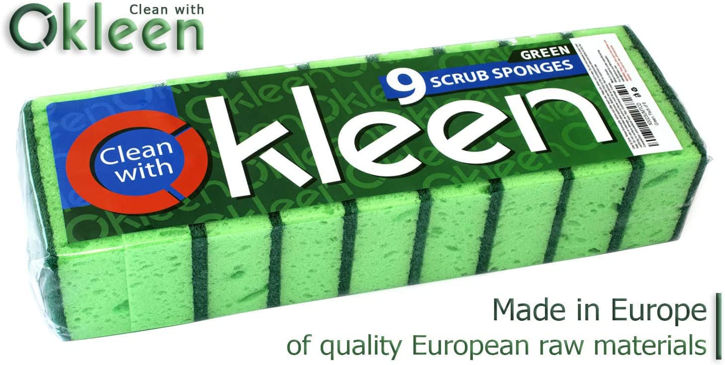 Esponja multiusos verde para fregar. Fabricado en Europa. Paquete de 9, 4.3 x 2.8 x 1.4 pulgadas. Fibra resistente e inodora. Las mejores esponjas y estropajos de cocina duraderos, delicados,