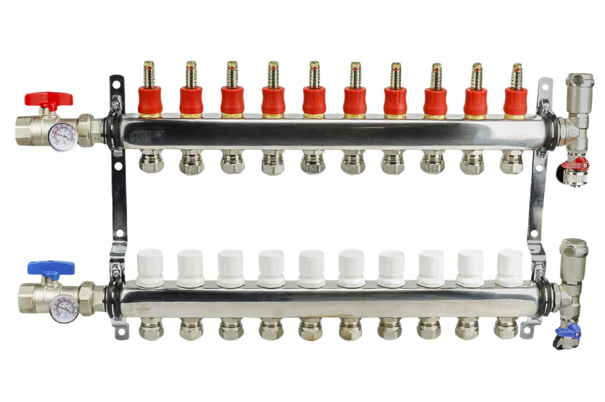 Midline Valve NQT110 PEX Manifold 1/2 in. for Radiant Heating System; with Valves, Vents, Gauges, and Mounting Brackets; Stainless Steel; 10 Port