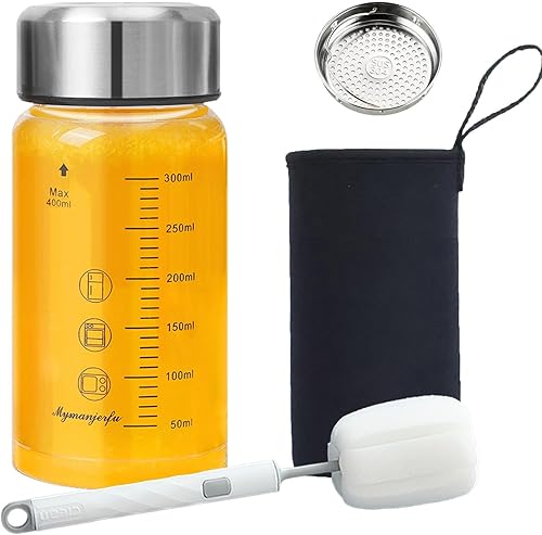 Botellas de vidrio para jugo de 12 onzas, botellas de agua de vidrio de boca ancha con tapas y funda, para jugos, licuados, leche, proteínas,