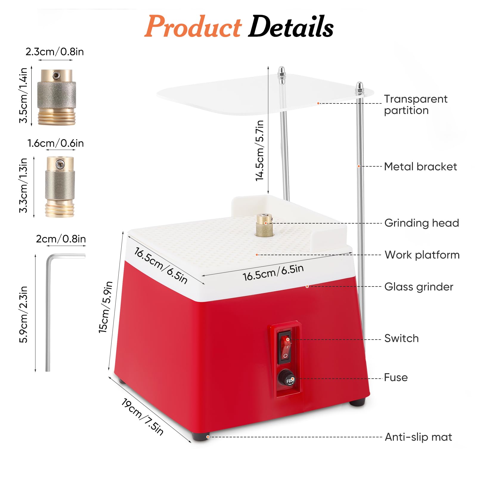 Lijadora de cristal de 65 W, amoladora automática de cristal con 2 puntas de diamante (5/8" y 1"), protección contra salpicaduras de acrílico, 4200 rpm, amoladora portátil para mosaicos, cerámica
