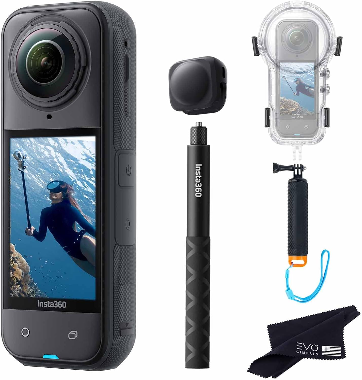 Insta360 X5 Dive Case Bundle-8K Waterproof 360 Action Camera with 1/1.28" 48MP Sensors, 8K 360 HDR Video, 72MP, 4K Single-Lens |Bundle Includes Dive Case, Selfie Stick, Floating Grip, Lens Cap