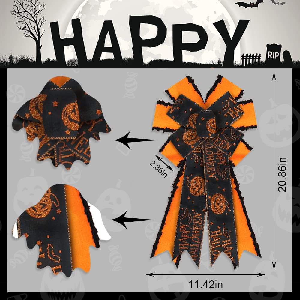 ALIBBON Large Halloween Burlap & Linen Fabric Bows, Orange, Rustic Style, 11.4 x 20.8 Inches, Perfect for Wreaths, Doors, Windows, Thanksgiving & Halloween Decor