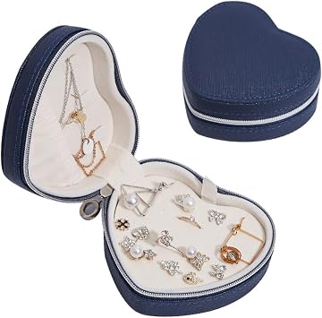 Travel Jewelry Box, Heart-Shaped Jewelry Organizer Case Holder for Necklaces, Rings, Earrings, Bracelets, Portable Jewelry Storage Bag for Gift, 1 Box, Blue