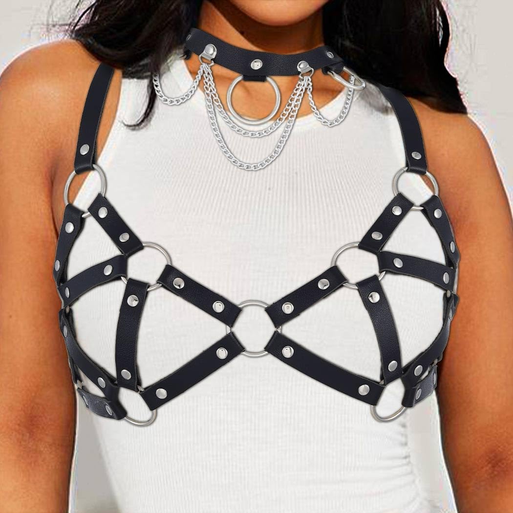 Leather Chest Chain Belt Black Body Harness Gothic Rave Accessories for Women - Image 7
